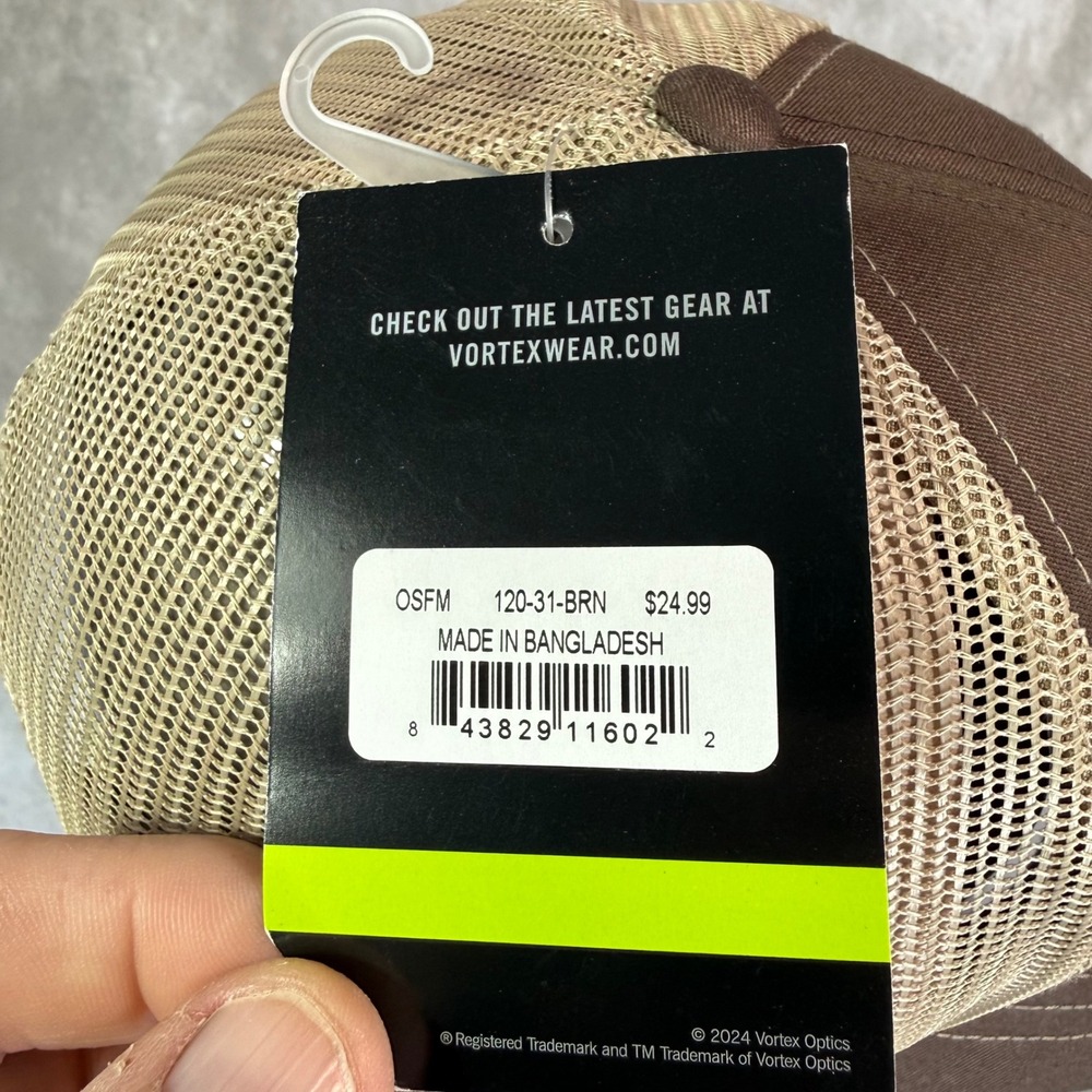 Vortex Optics Trucker Hat Men OSFM Brown Tan Solid Mesh Back Leather Logo Patch - Picture 5 of 7